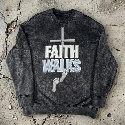 Faith Walks Snow Washed Hand-Frayed Sweatshirt